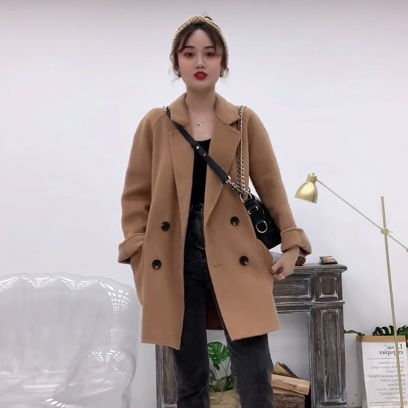 驼色高端双面羊绒大衣女短款2021年新款秋冬韩版西装休闲毛呢外套