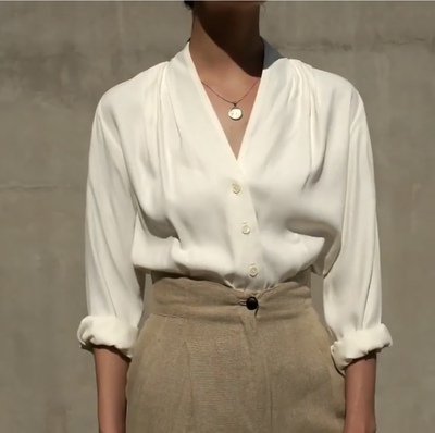 GUS 18aw/ 法式复古v领衬衫 光泽感象牙白优雅缎面衬衫 小