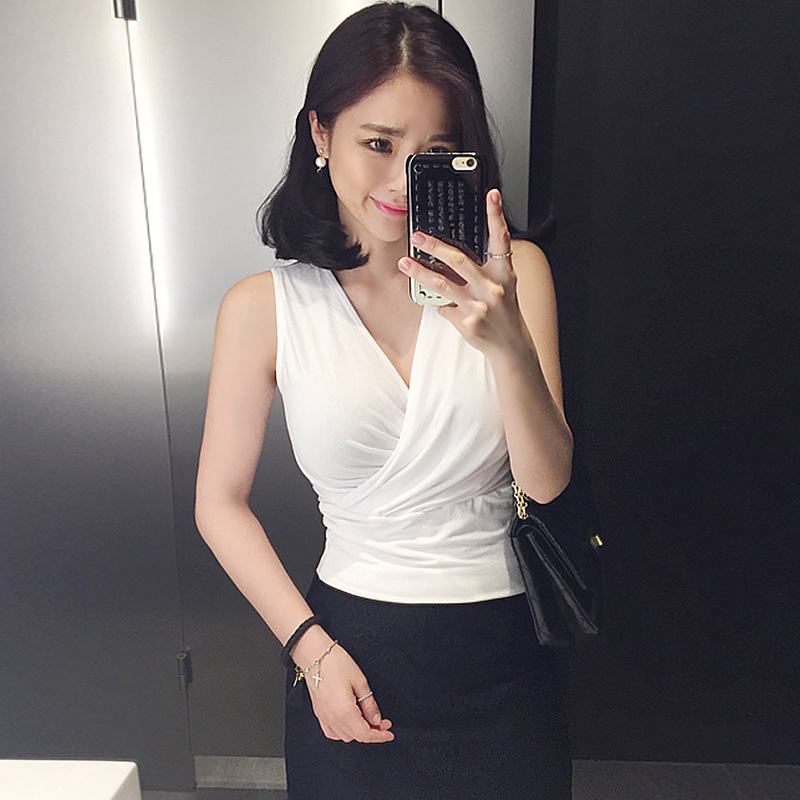 夏天衣服性感交叉v领收腰上衣深v夜店紧身显瘦无袖背心低领t恤女