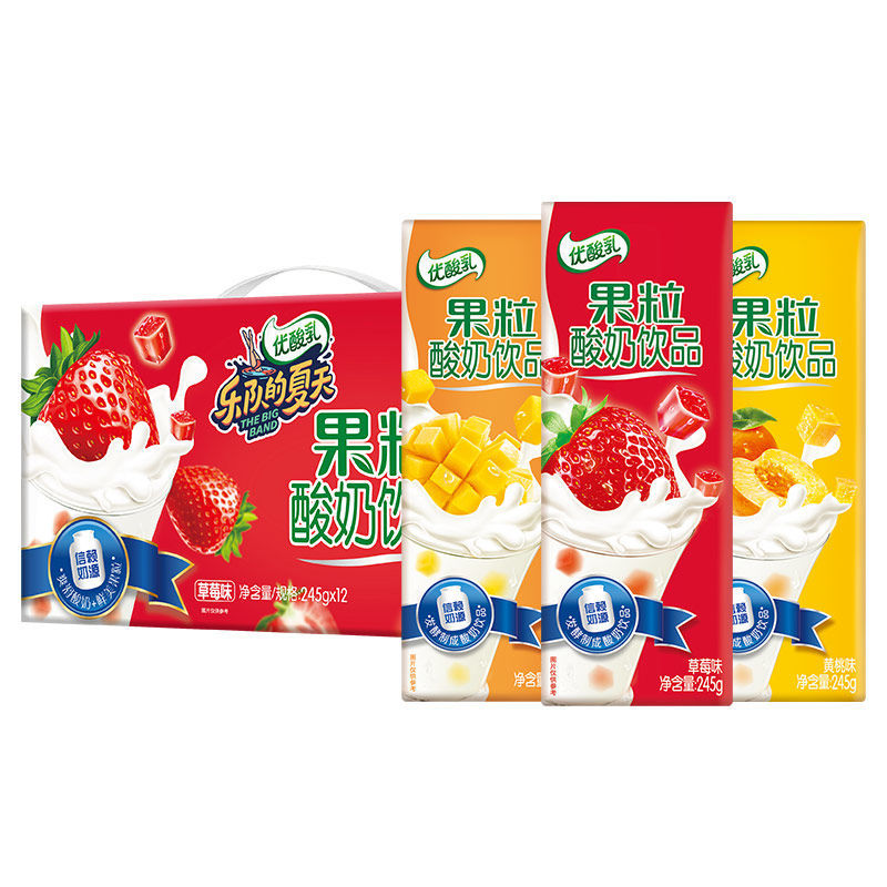 特价酸奶饮品整箱芒果味_伊利优酸乳果粒酸奶245g12盒整箱草莓黄桃