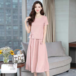 夏装亚麻连衣裙女2018新款中长款圆领短袖显