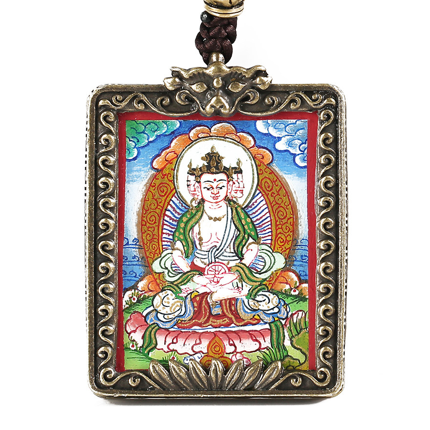 观音殿供奉 藏传彩绘三面佛唐卡平安盒 菩提链 大雄宝殿功德加持