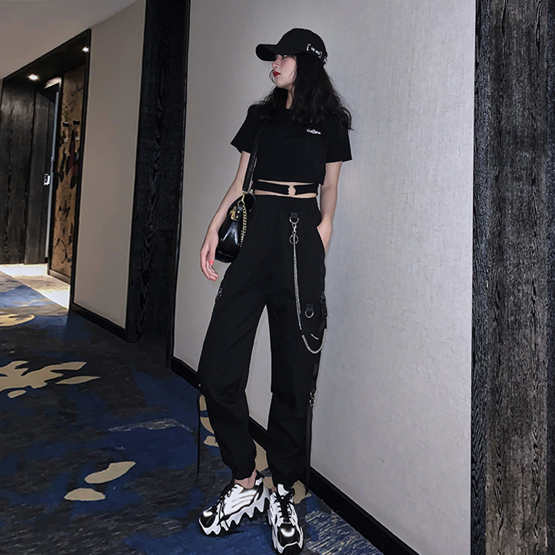 hiphop炸街链条工装裤子女夏季宽松显瘦休闲运动束脚九分裤ins潮