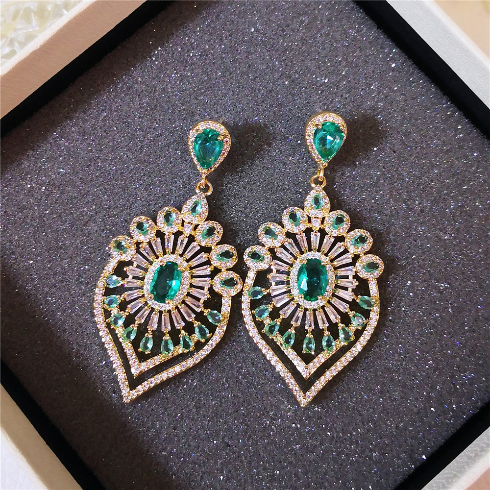 民族风饰品微镶锆石湖绿孔雀羽灵奢华耳环镀金满钻复古气质女银针