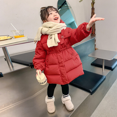 女童羽绒服2022新款洋气中长款宝宝冬季小女孩儿童装新年红色外套