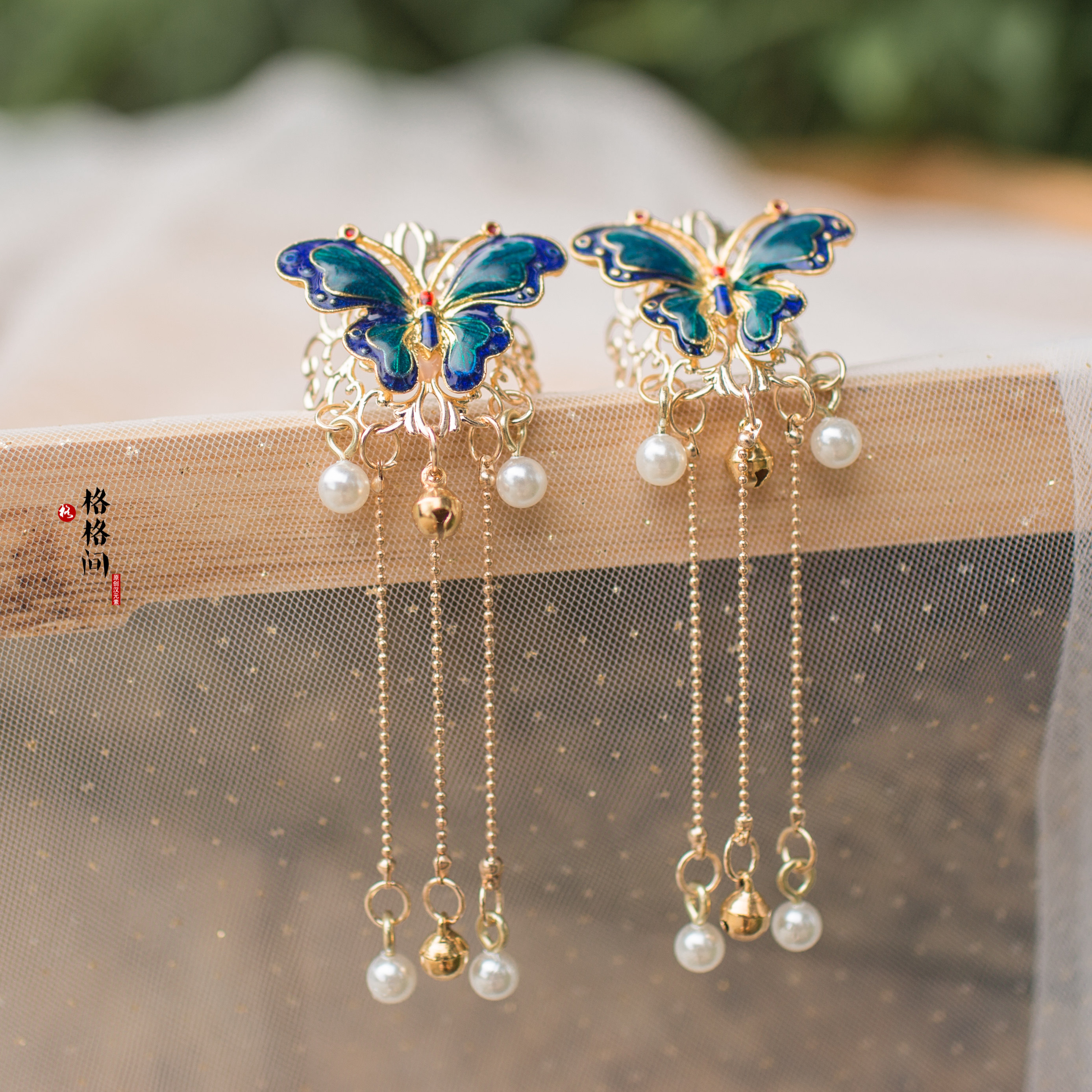 烧蓝蝴蝶发扣发簪汉服头饰古风流苏古装盘发配饰百搭珍珠明制束发