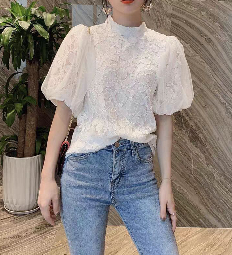 2020早春新款甜美网纱灯笼袖泡泡袖蕾丝衫拼接衬衫短袖t恤女上衣