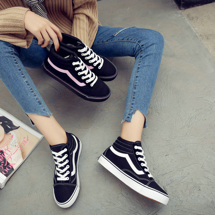 包邮 粉色经典高帮帆布鞋女ulzzang复古百搭基础韩版平底学生港风板鞋