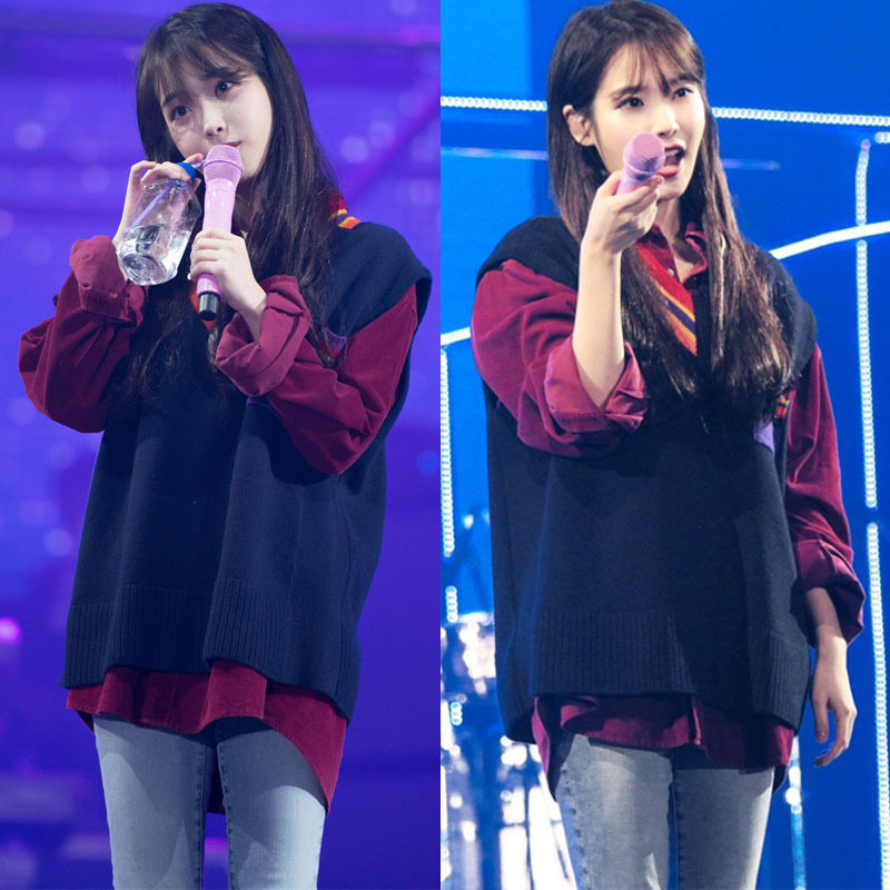 iu李智恩同款酒红灯芯绒衬衫学院风v领针织背心马甲两件套装女秋