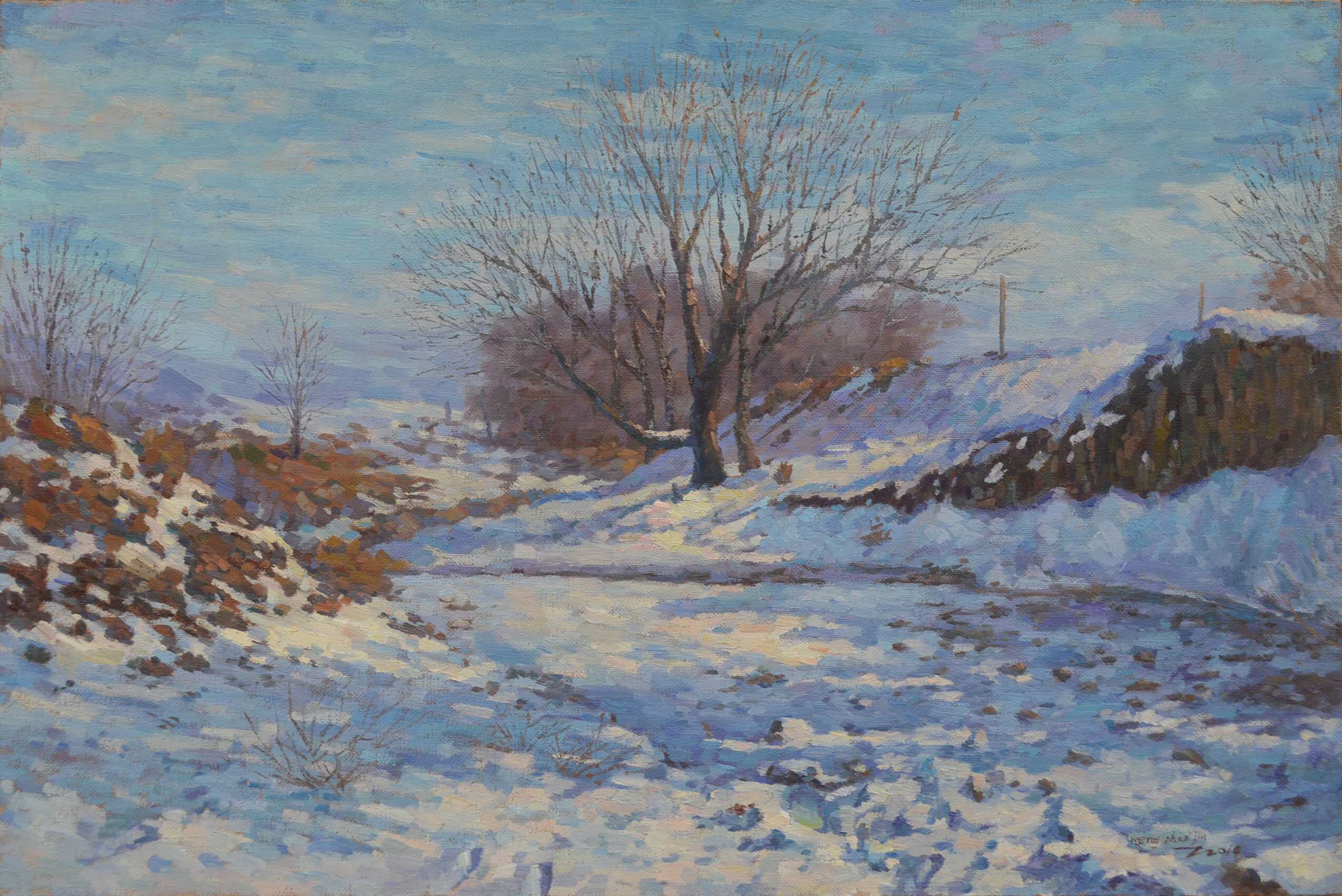 翁兆锦《雪地里的阳光》60x90cm布面油画风景