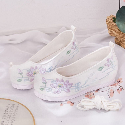 小珍珠翘头汉服鞋软底翘头弓鞋内增高绣花鞋宫廷戏古装搭配布鞋夏