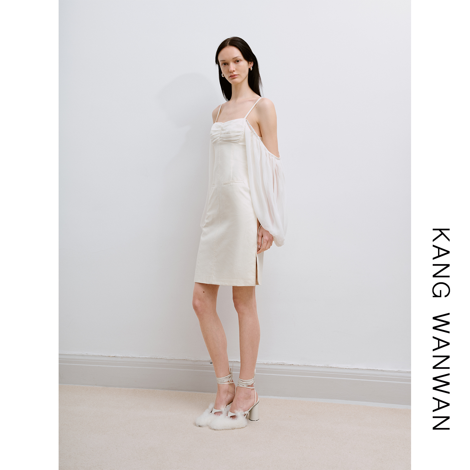 设计师品牌 KANG WANWAN 023新品灯笼袖吊带连衣裙桑蚕丝连衣裙女