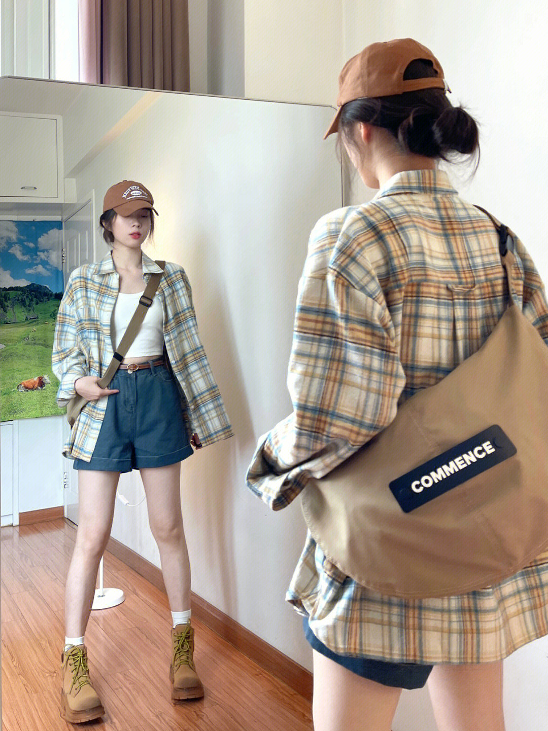 幂式穿搭复古格子衬衫外套女夏秋季衬衣法式亚麻棉麻长袖早秋上衣