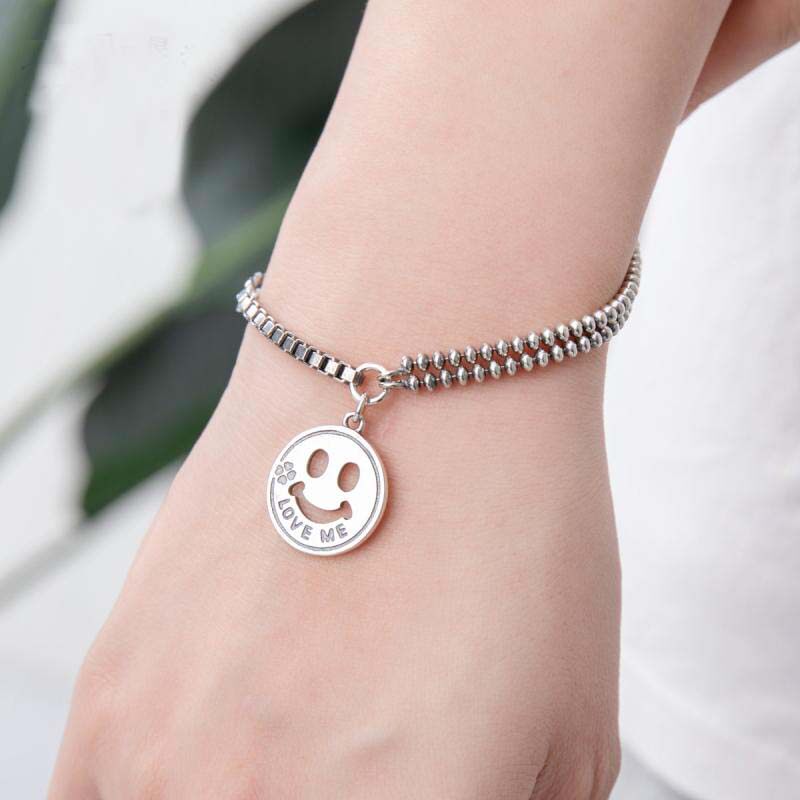 韩国东大门925纯银手链女ins风smile笑脸链条微笑拼接手链手环新