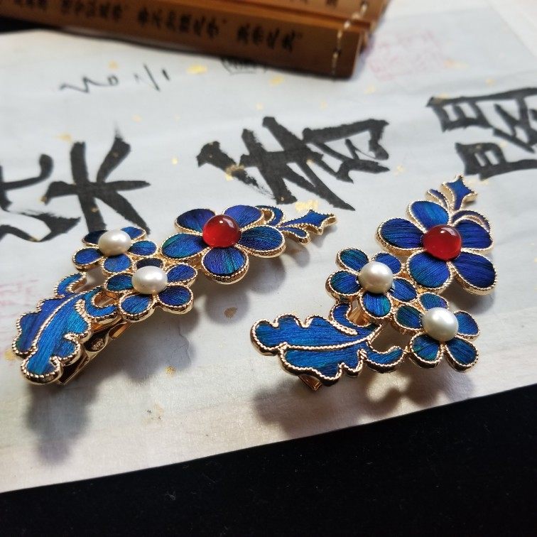 【柒香阁】手工制作汉服配饰之孔雀羽毛点翠 花朵日常款发夹对夹