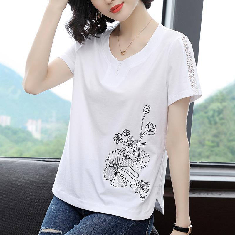 短袖t恤女文艺刺绣2022新款中年妈妈夏装上衣宽松大码白色体桖衫t