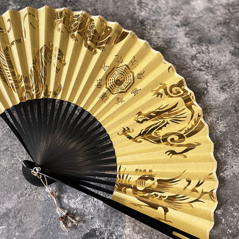 芷墨复古风汉服扇子纸面烫印夏季纳凉家用油漆骨折扇朱雀白虎小鱼