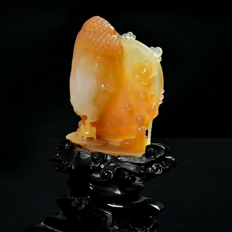 省级玉雕大师院小果作品天然黄龙玉 橙黄俏色 问佛摆件