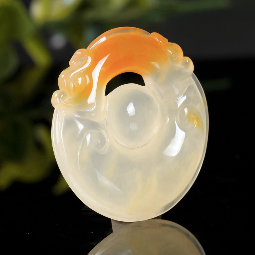 工艺美术大师院小果作品 纯天然黄龙玉双螭龙挂件16.13g