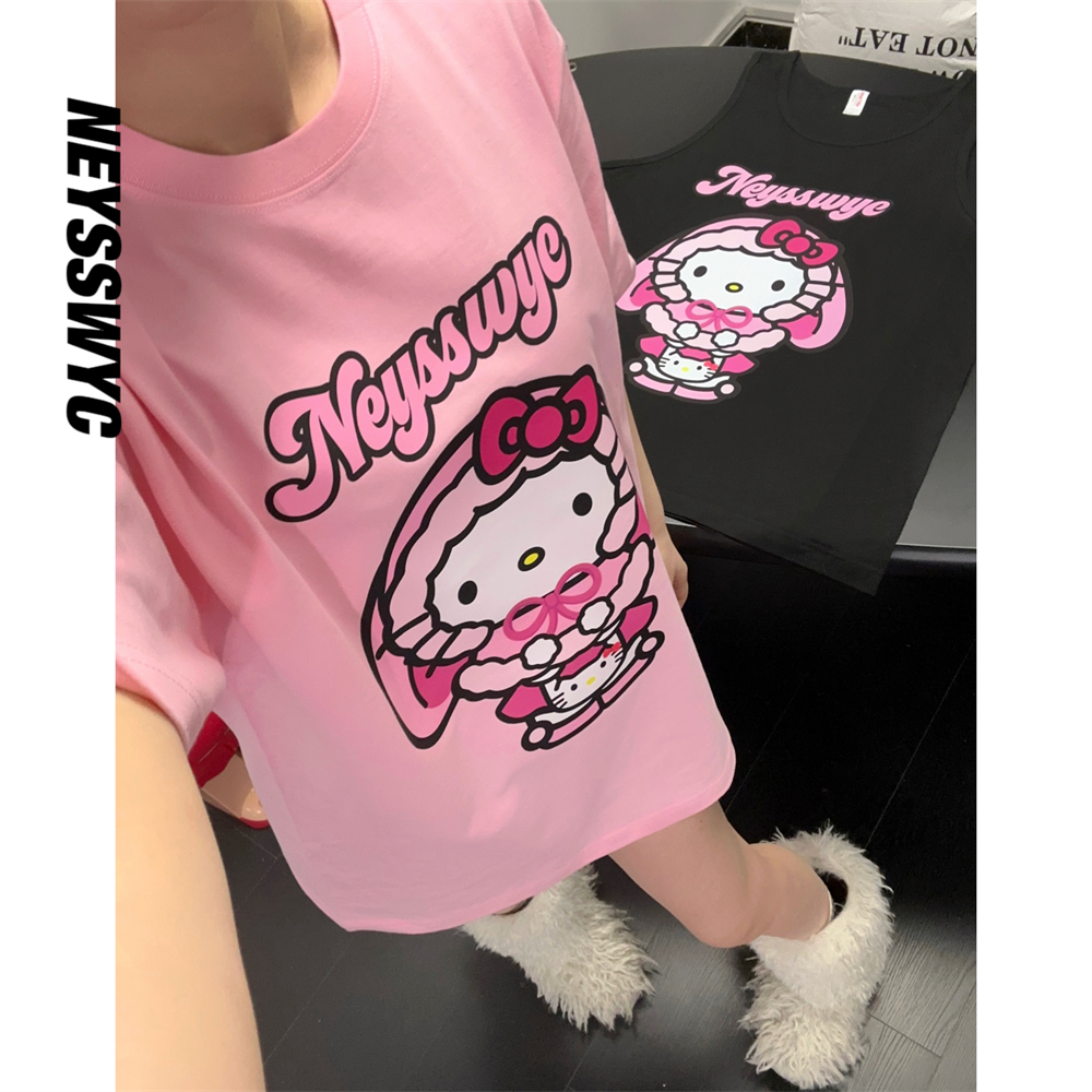 NEYSSWYC【垂耳兔KT】少女宽松夏可爱原创粉红色猫咪短袖T恤小众