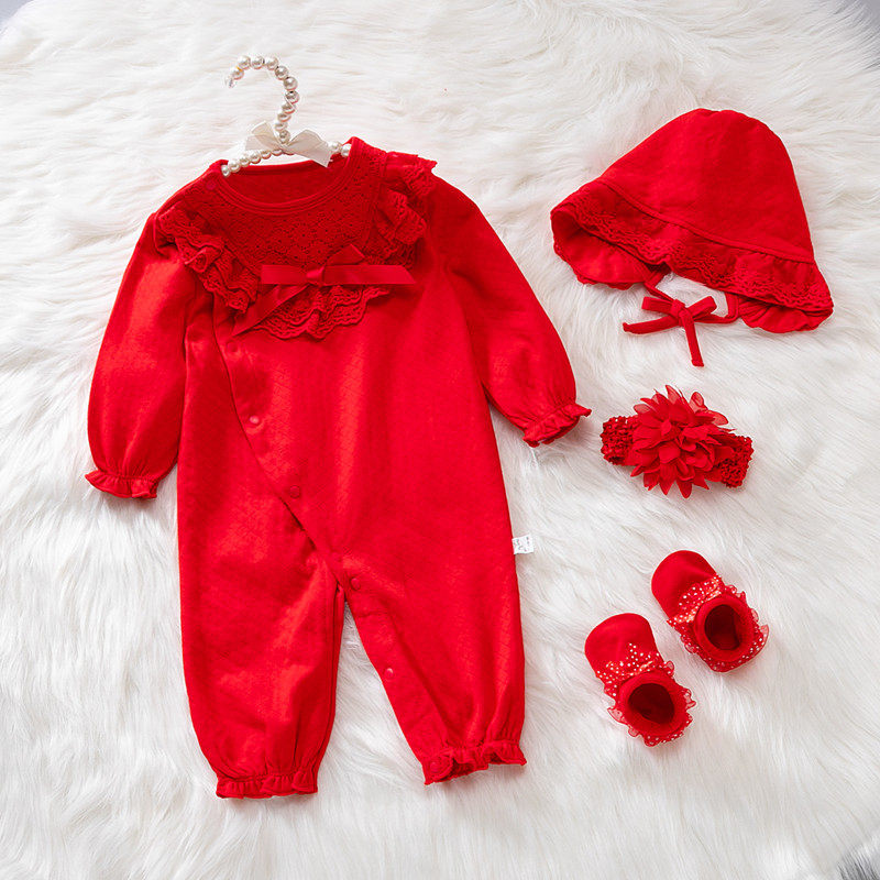 新生婴儿儿大红色满月衣服秋装夏百天宝宝连体衣女公主百日宴套装