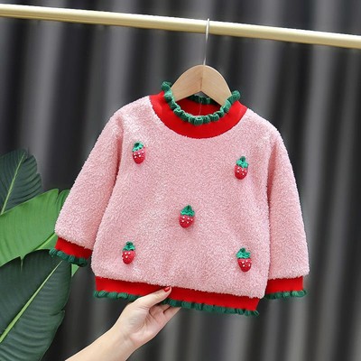 女宝宝秋冬新装毛衣女童小童加厚仿水貂绒草莓打底衫针织婴儿童装