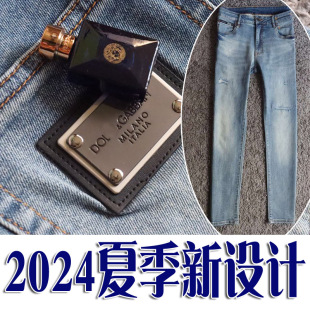 2024夏季薄款丹宁浅蓝多层洗水做旧破洞补丁弹性男士牛仔裤 4338