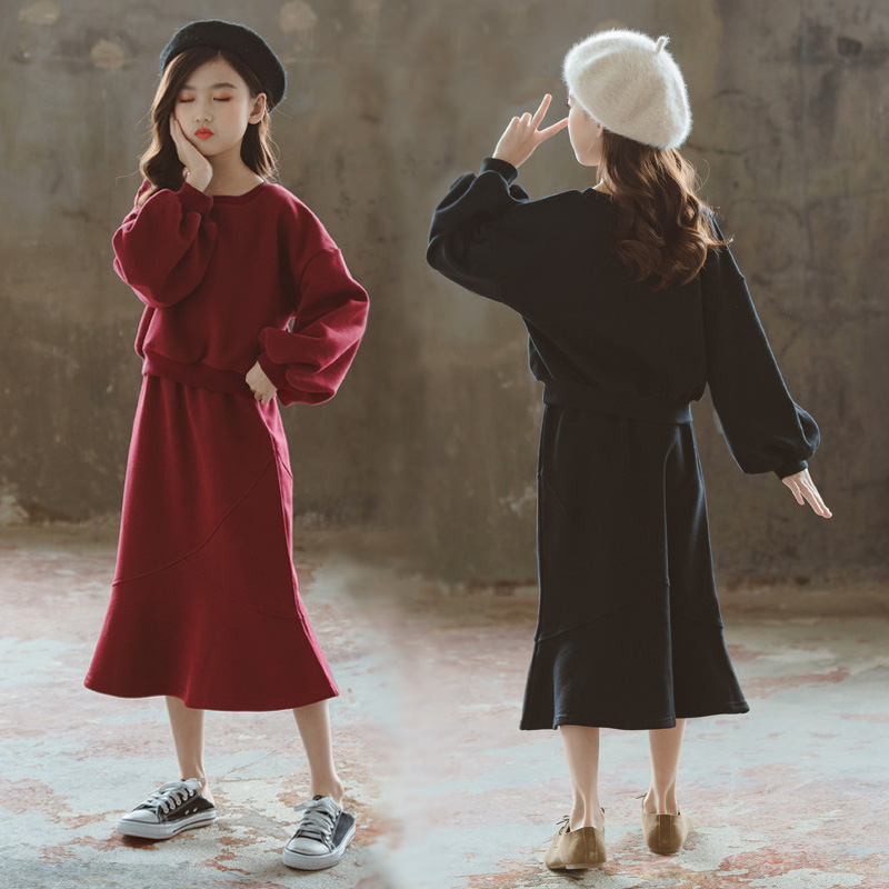 中大童秋冬韩版加绒文艺甜美套装2020新款女童卫衣裙半身裙两件套