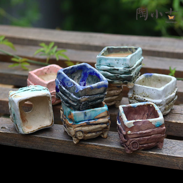 一卌花盆控型透气拇指小方花盆手工粗陶景德镇一物一拍小口径多彩