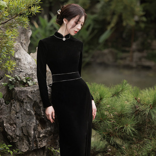 春秋冬季旗袍黑色丝绒民国风复古年轻款气质显瘦连衣裙长袖日常女