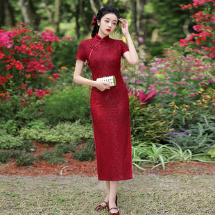 蕾丝中长款旗袍2024春夏新款大红色立领中国风宴会修身礼服日常