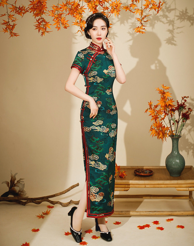 花罗缎双层长款短袖旗袍2022春夏新款复古改良中国风女士宴会礼服