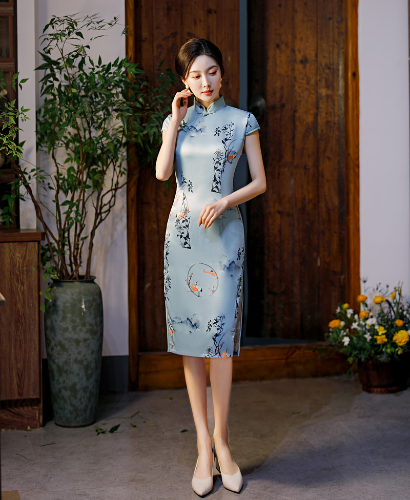 2022新款春夏中长丝绸年轻款中国风改良复古日常时尚连衣裙旗袍女