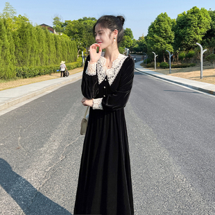 黑色金丝绒长袖连衣裙女2024春装新款收腰显瘦温柔风气质复古长裙