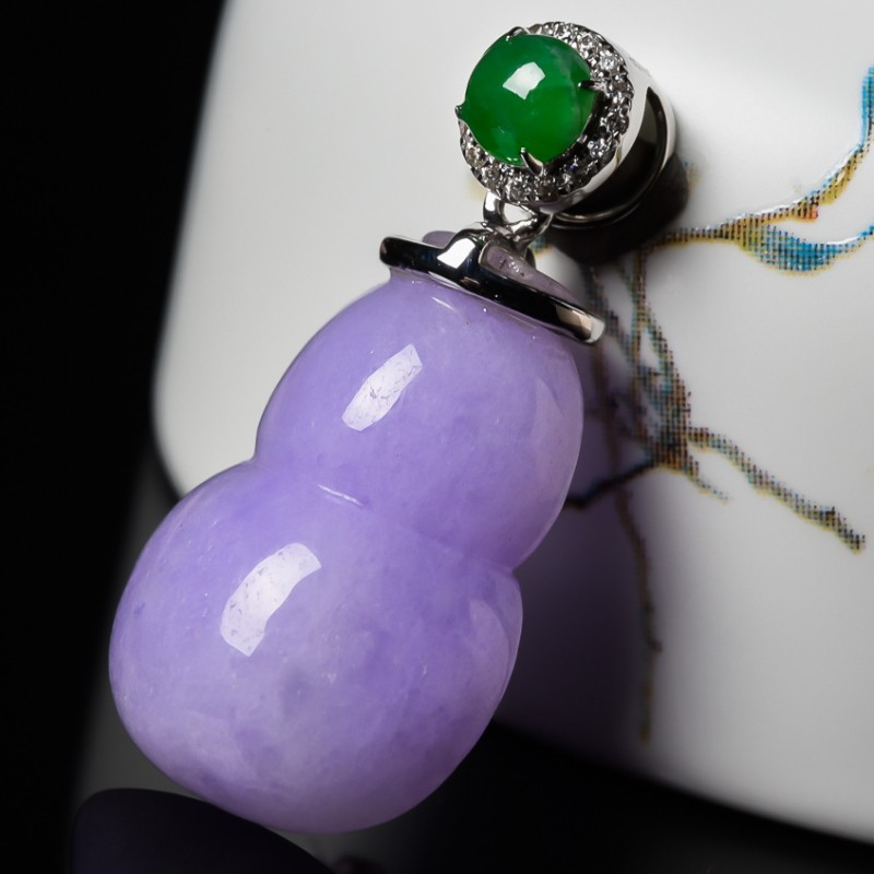 18k金钻天然缅甸a货翡翠紫罗兰种紫色葫芦吊坠4.85g