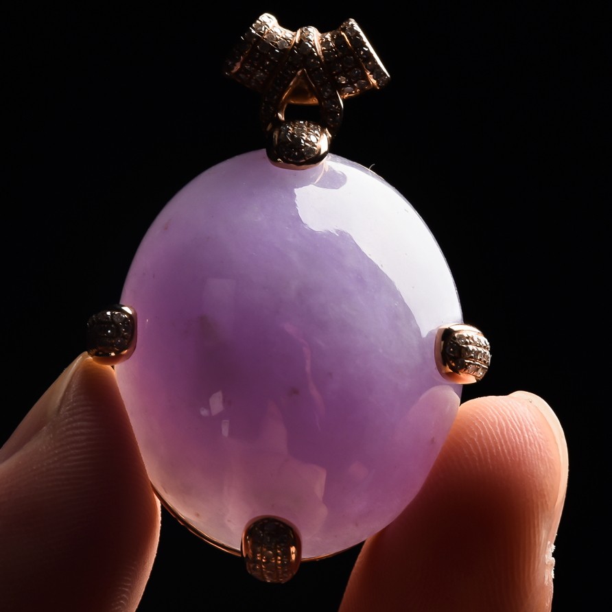 18k金钻天然缅甸a货翡翠紫罗兰种紫色椭圆吊坠25.863g