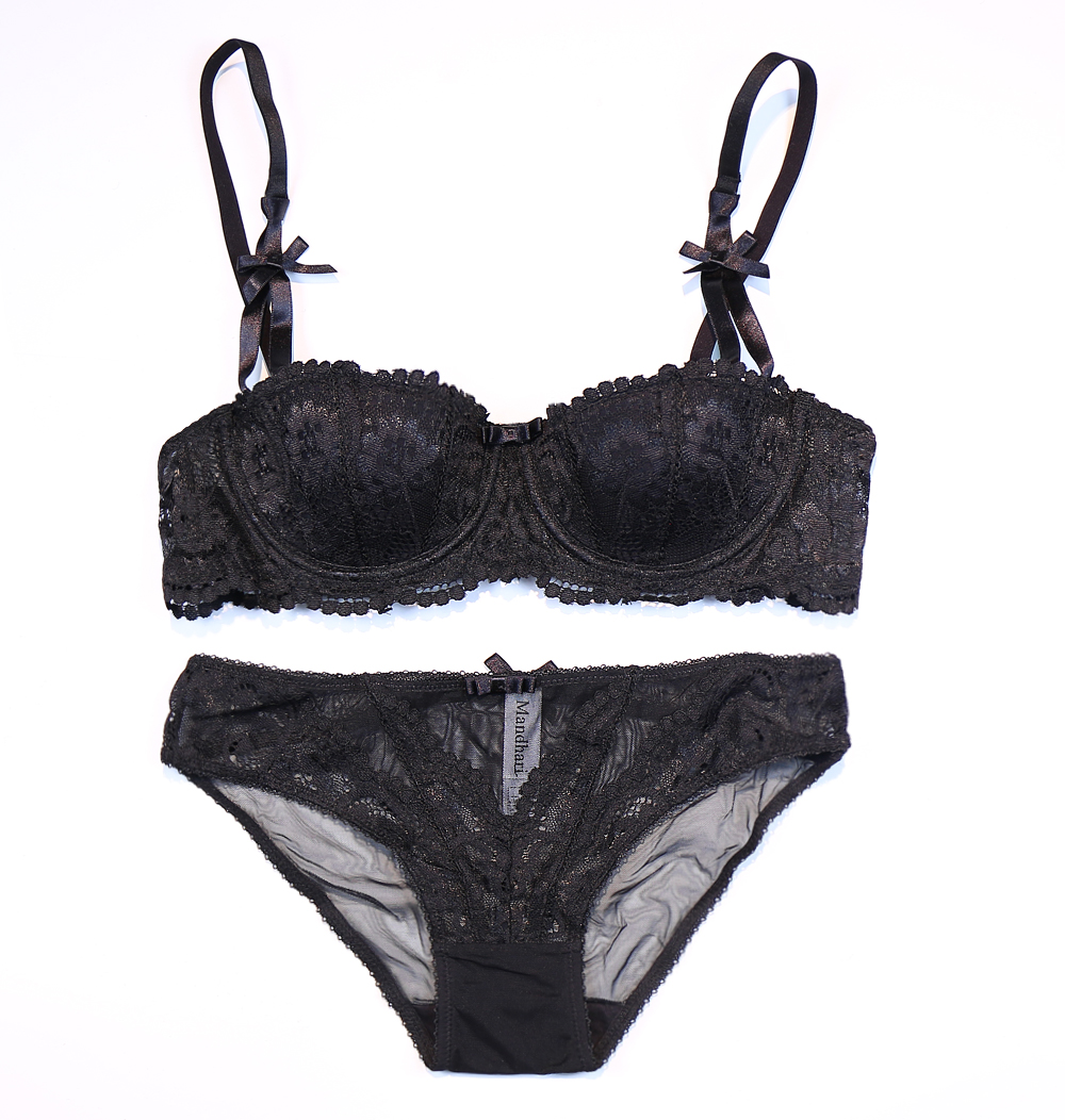 法国性感蕾丝半杯薄款文胸套装少女 1/2浪漫白色新娘胸罩聚拢内衣-7wa