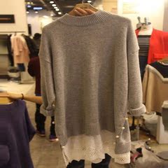 韩国代购2016冬装女士毛衣中长款蕾丝拼接套头打底衫外套针织衫