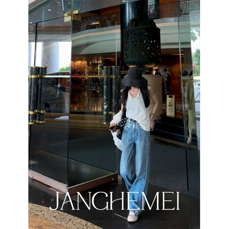 JANGHEMEI【烫银设计感牛仔裤】夏季高腰宽松显瘦百搭直筒长裤女