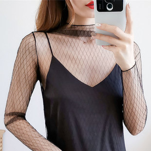 黑色渔网打底衫女长袖网格透明透视内搭蕾丝鱼网上衣白色镂空衣服