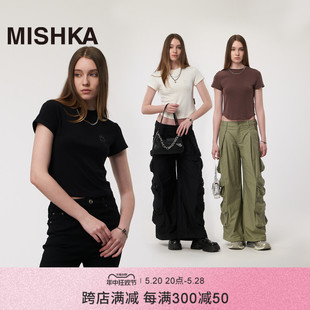 MISHKA2024年夏季休闲白色短款紧身轻薄修身打底衫辣妹短袖t恤女