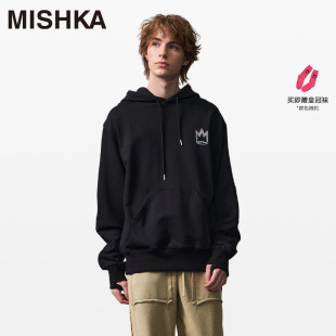 MISHKANYC大眼球春秋新款美式复古纯棉灰色黑色设计感连帽卫衣男