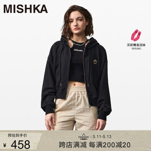 MISHKA美式复古女士春秋设计感小个子黑色短款外套双拉链卫衣开衫