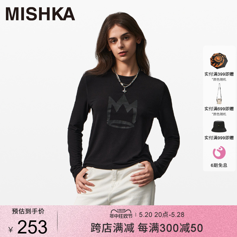 MISHKANYC美式长袖T恤黑色打底衫女内搭机能风辣妹甜辣小上衣修身