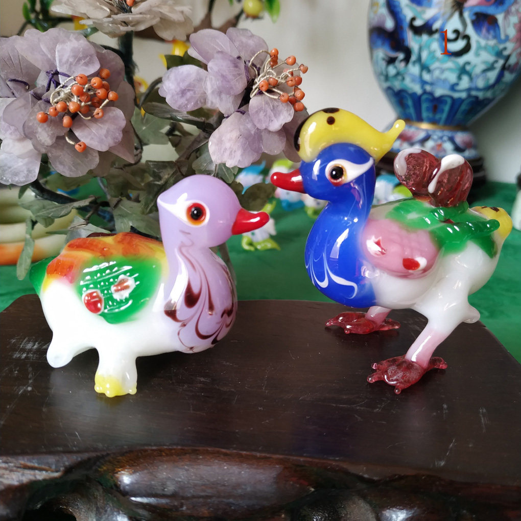 北京料器非遗传承大师作品纯手工琉璃鸳鸯小摆件婚房摆设结婚送礼