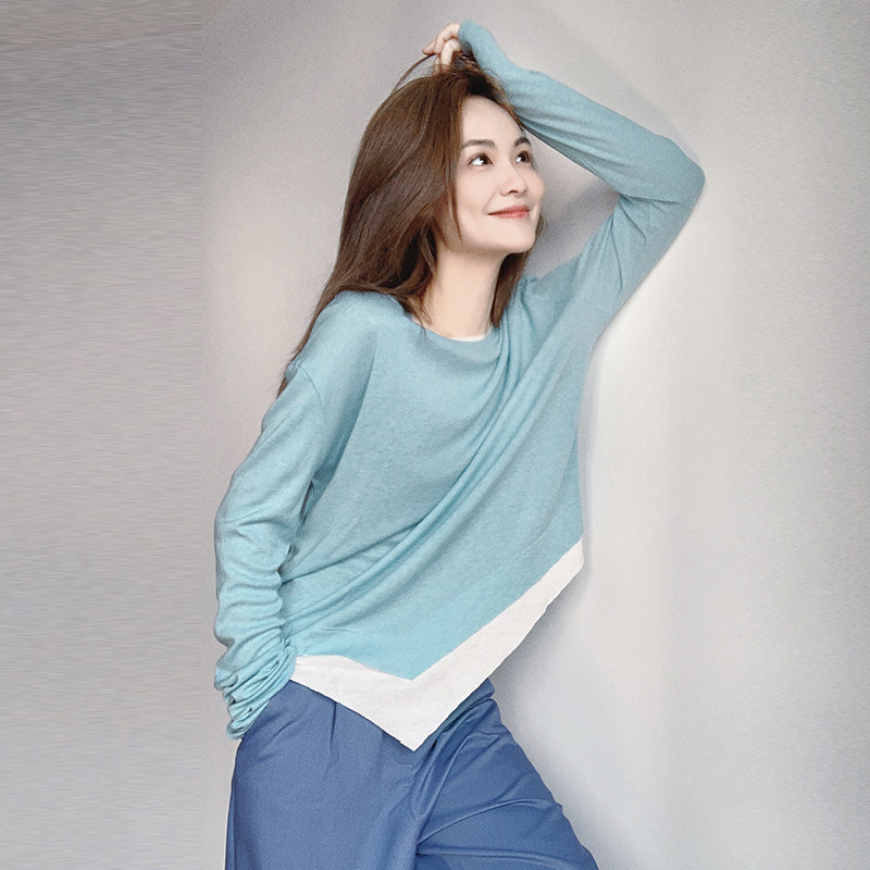 美洋meiyang 双拼奶盖打底衫 桑蚕丝天丝混纺不规则撞色长袖t恤