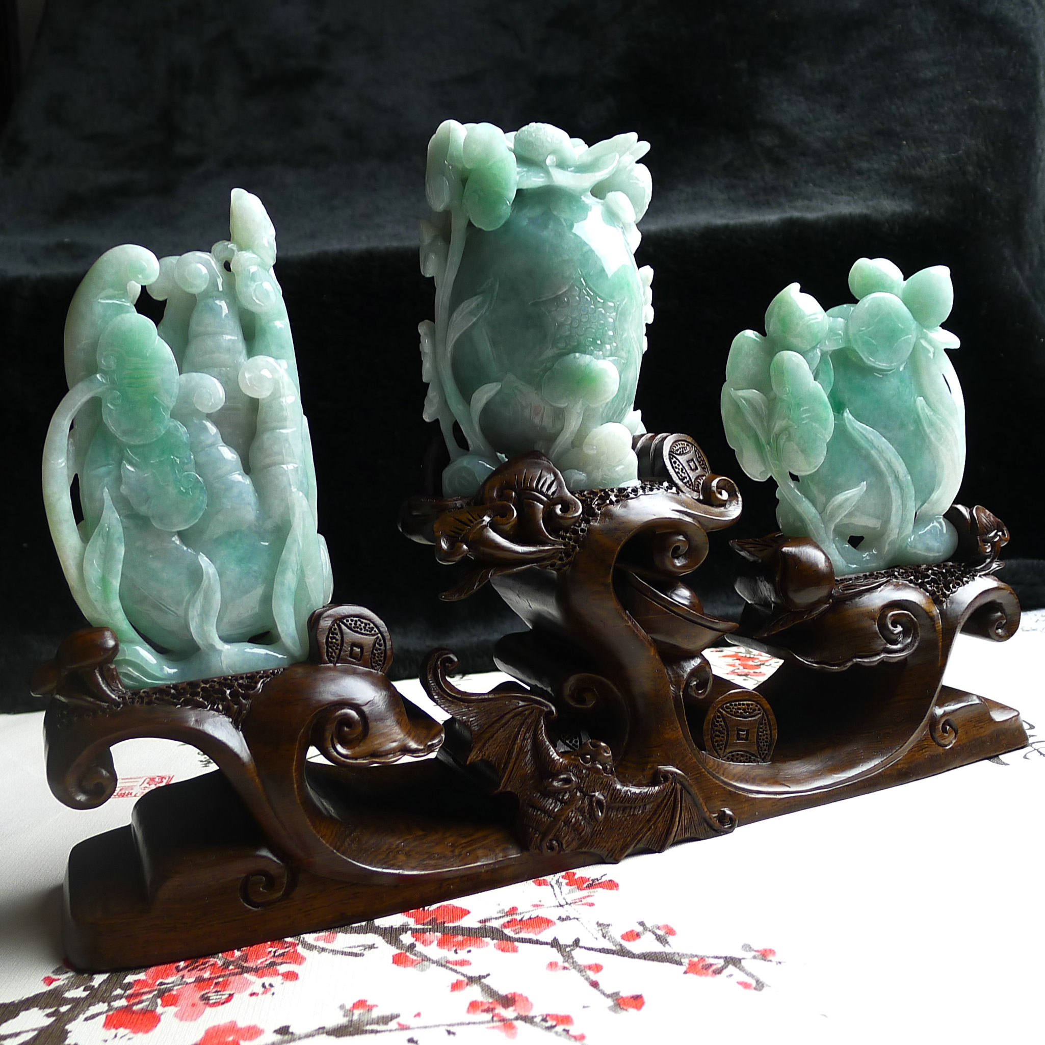 天然a货翡翠 冰糯种飘绿 福禄寿 摆件1460g(裸石重量)