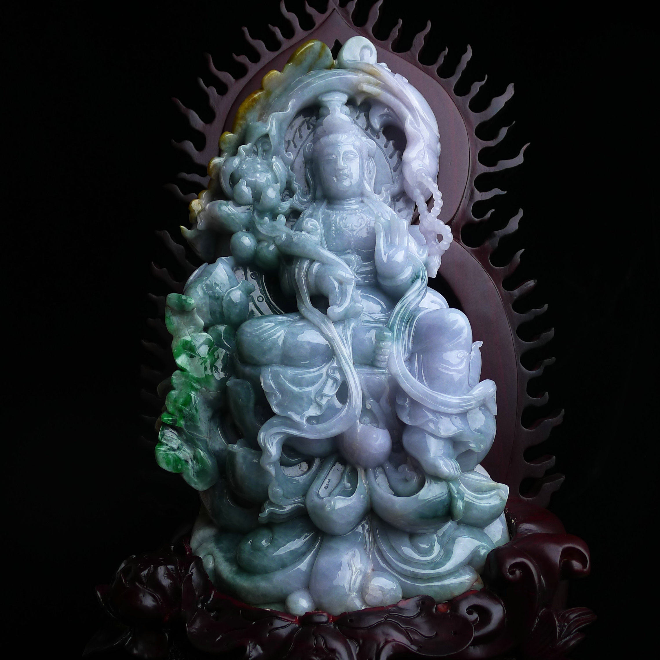 纯天然缅甸a货翡翠老种老坑精雕大观音摆件19.22斤(裸石重量)