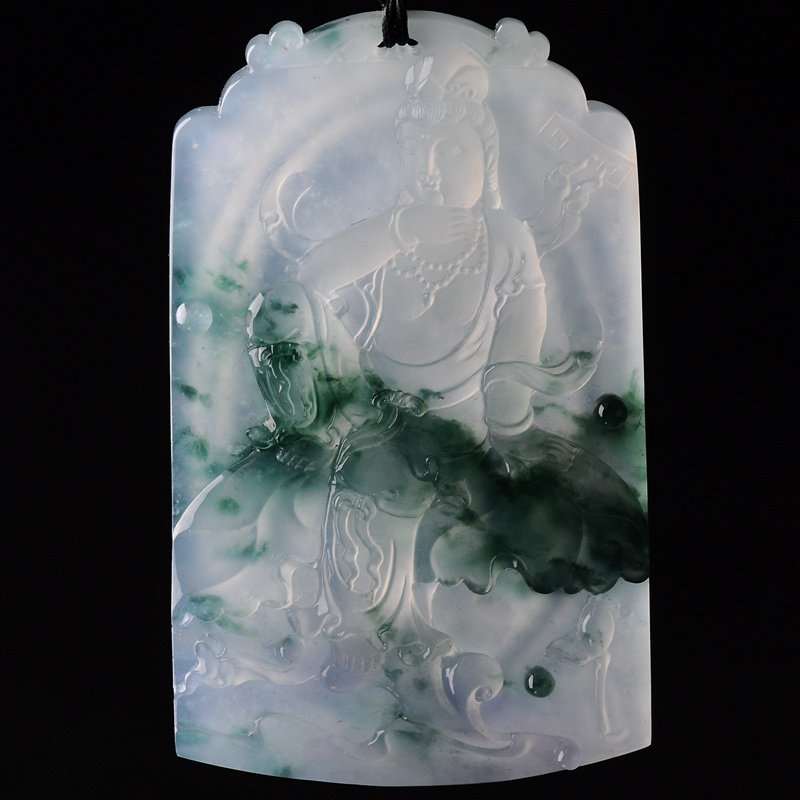 老坑冰糯种飘蓝花大师工观自在观音牌子翡翠挂件 59.47克 07031