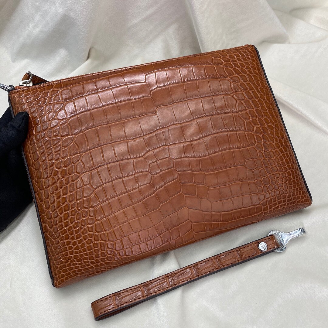 鳄鱼皮肚皮拉链男士手包浅棕色夹包商务皮包手挽信封包纯皮